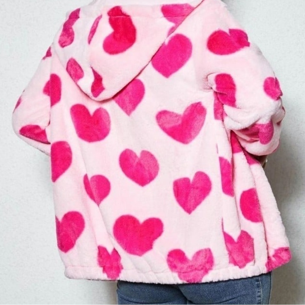 Women’s Plush  Hooded Jacket Size Medium Pink Hearts - Picture 3 of 9